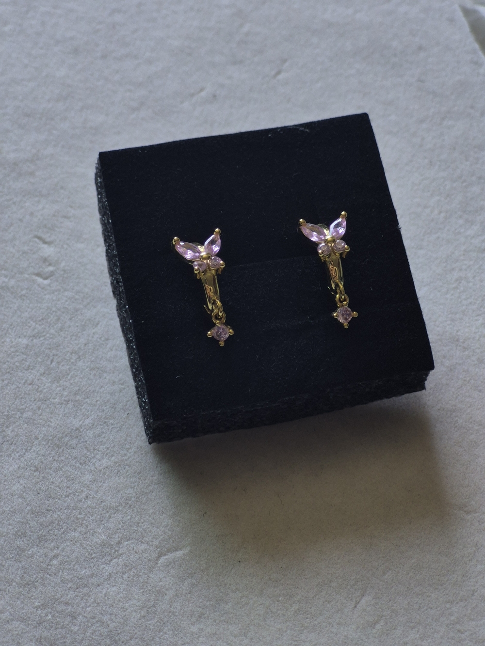 Gold Hoop Earrings with Pink Butterfly Gemstone Charm